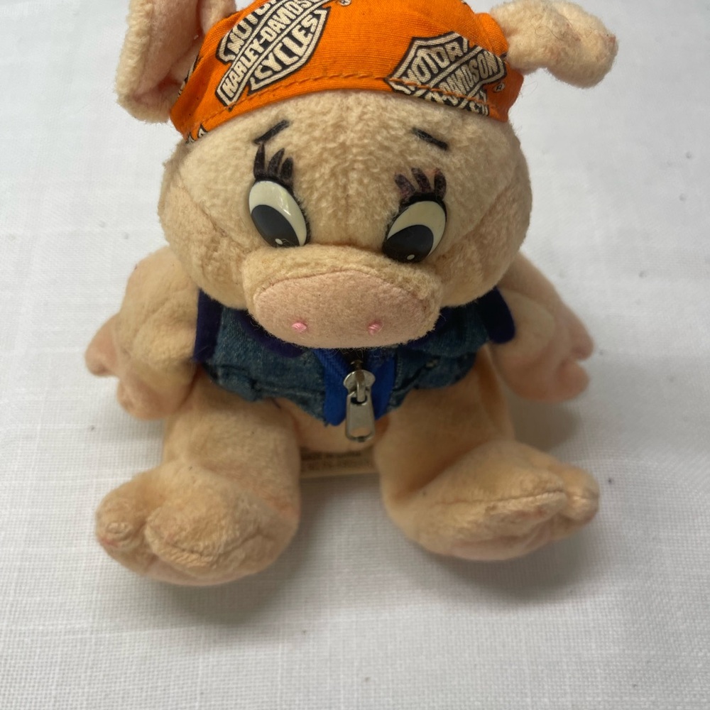Mini Harley-Davidson Plush Pig with Orange Bandana and Denim Vest